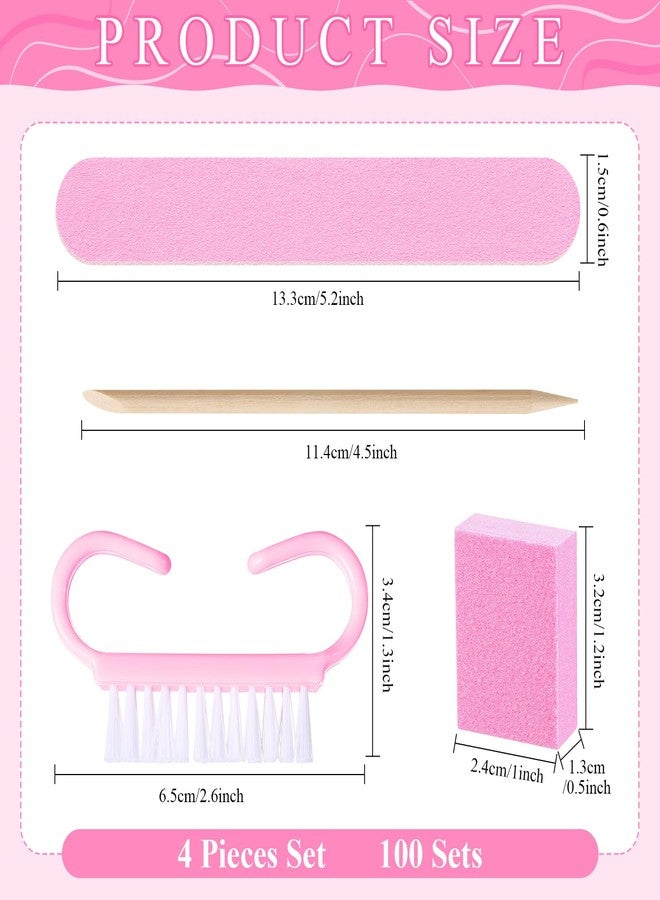 Leriton 100 Sets Professional Disposable Manicure Kit Basics 4 Piece Nail Kit Wood Nail File 100/180 Grit, Mini Buffer 80/100 Grit, Wood Stick and Handle Grip Brush Gifts(Pink) - Image 2
